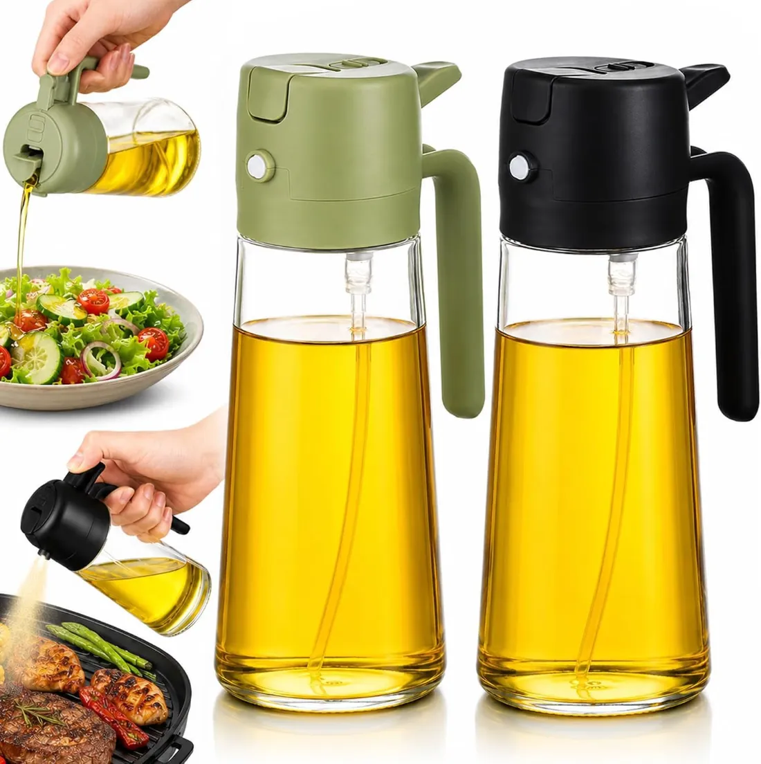 Wellunis 2-in-1 olive oil sprayer bottles in black and green